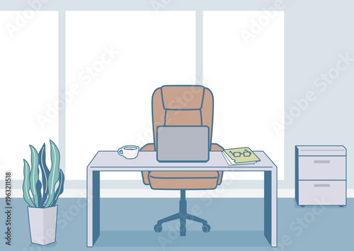 正面から見たオフィスのデスクの背景イラスト