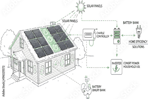 Sustainable solar energy house diagram, residential photovoltaic system with battery bank and inverter, eco-friendly home efficiency solutions vector isolated PNG with Transparent Background