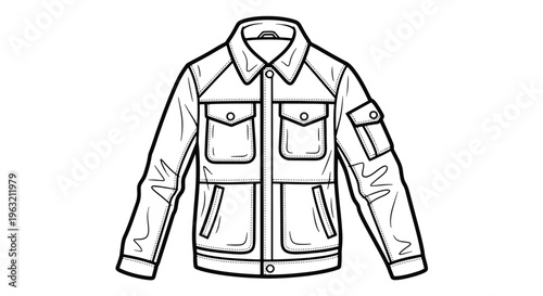 Line drawing of a jacket with multiple pockets and a zipper