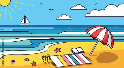 Cartoon beach scene featuring sun, sea, sailboat, umbrella, and beach accessories