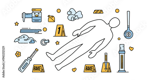 Person surrounded by various construction and repair tools and signs