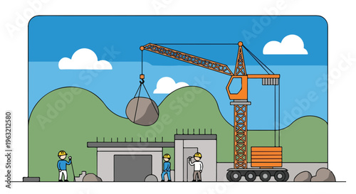 Cartoon construction site with workers, crane, and building materials