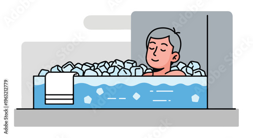 Cartoon figure soaking in an ice bath, enjoying a relaxing experience