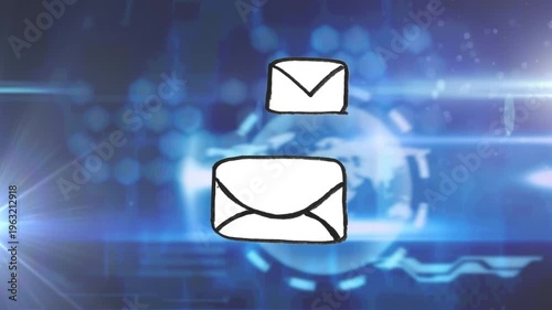 Animation of data processing and envelope icons over black background