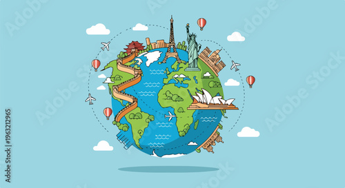 Cartoon globe illustration, landmarks with planes and balloons, blue sky