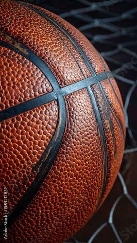 Close-up of an orange basketball, partially inside a netted goal