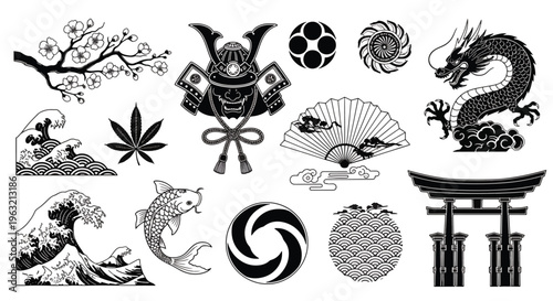 Collection of japanese symbols and icons in black and white