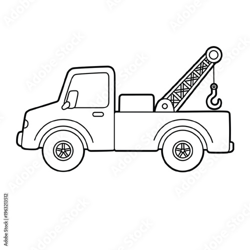 Tow Truck Coloring Page for Kids - Simple Line Art Vector Illustration of a Crane Service Vehicle