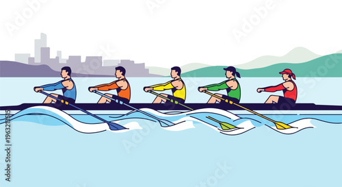 Cartoon illustration of five rowers in a boat on the water