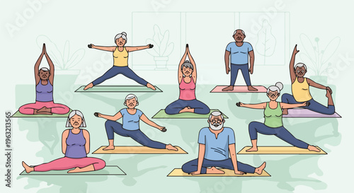 Cartoon illustration of seniors doing various yoga poses on mats