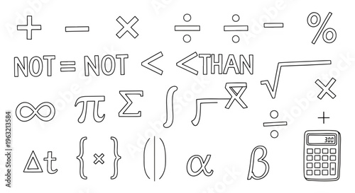 Mathematical symbols and calculator icon on white background
