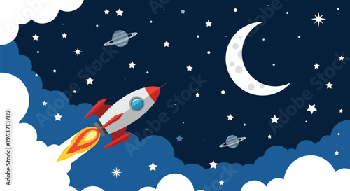 Rocket Ship Soars Through Starry Night Sky With Moon And Clouds