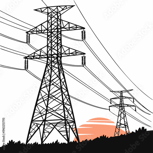 Electric power transmission towers with lines against a sunset background