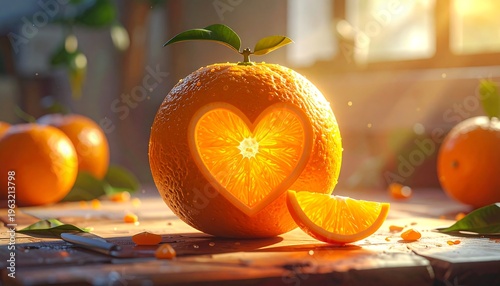 Close-up of an orange fruit with heart cutout and slice on a wooden surface