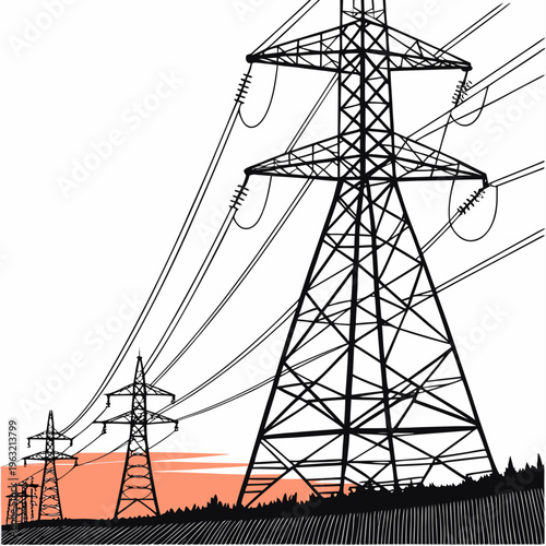 Electric power transmission towers with wires on a landscape at sunset