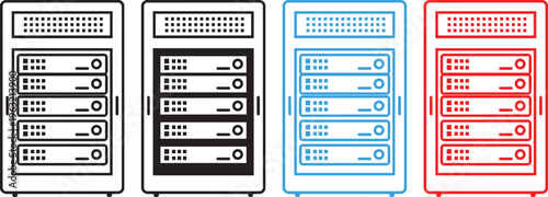 server rack icon set featuring database storage and data center technology in linear and solid styles