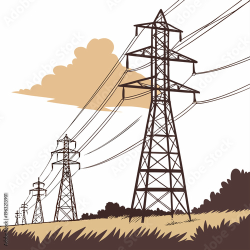 Electricity transmission towers standing tall in a field with wires and a cloudy sky