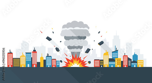 Explosion, city destruction, bomb blast, vector illustration, disaster scene