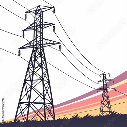Electric power transmission towers with wires against a colorful sunset background