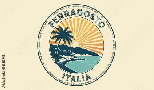 Ferragosto Italia vintage travel badge, retro summer holiday emblem with palm tree and coastal landscape, Italian vacation vector illustration isolated PNG with Transparent Background