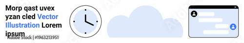 Time management, cloud storage, online communication, digital interaction, teamwork, virtual tools. Clock, cloud shape and chat interface elements. Time management and cloud storage concepts