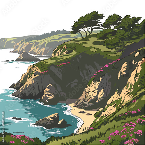 Illustration of a scenic coastal cliffside with trees, flowers, and a sandy beach, overlooking the ocean on a sunny day with clear blue waters