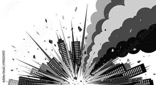Cityscape explosion, urban destruction, black and white vector, comic book style, city skyline blast
