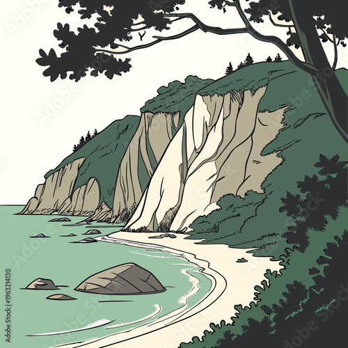 Serene beach scene with cliffside and lush greenery on a sunny day near the ocean