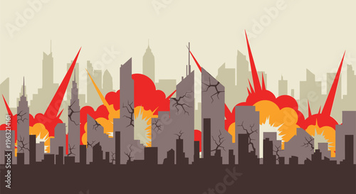 Cityscape destruction, urban chaos, burning skyscrapers, war zone landscape, disaster scene