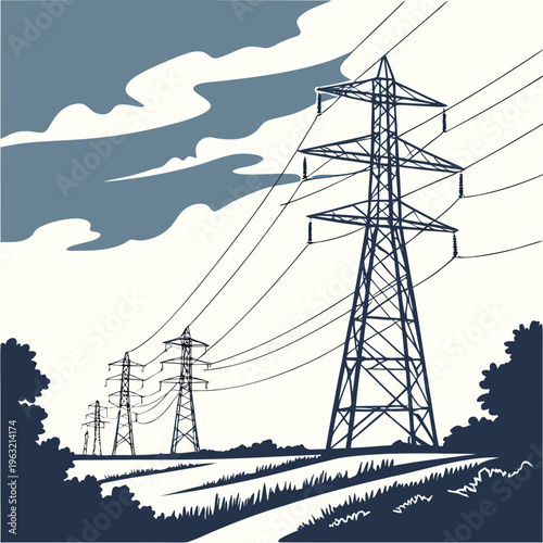 Electric power transmission towers standing tall in a rural landscape with wires and clouds