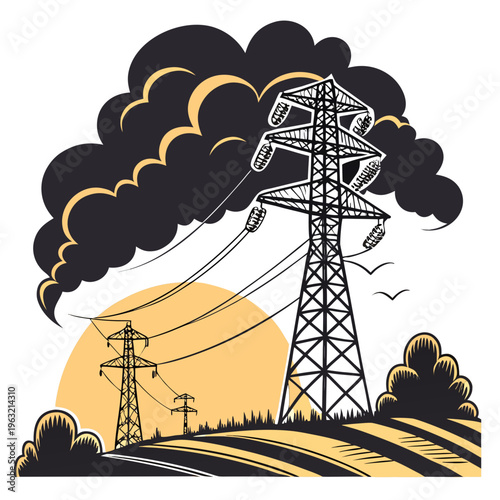 An illustration depicting a power transmission tower with smoke and pollution rising from it against a sunset background with another tower in the distance