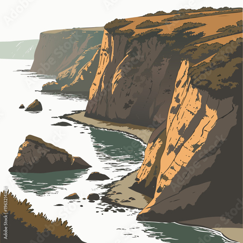 Illustration of a scenic cliffside with rugged terrain and serene ocean waters, showcasing natural beauty and dramatic landscape