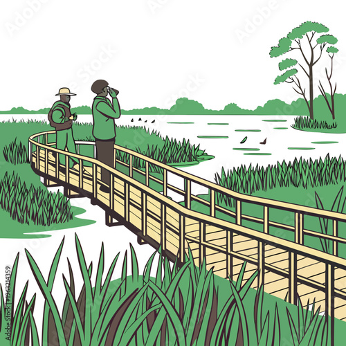 Two people standing on a wooden boardwalk in a wetland or marshy area looking out at the water and birds