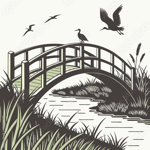 Vector illustration of a serene bridge over a stream with birds flying overhead in a natural setting with grass and plants