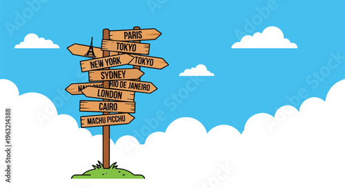 Cartoon-style illustration of a signpost pointing to different international cities