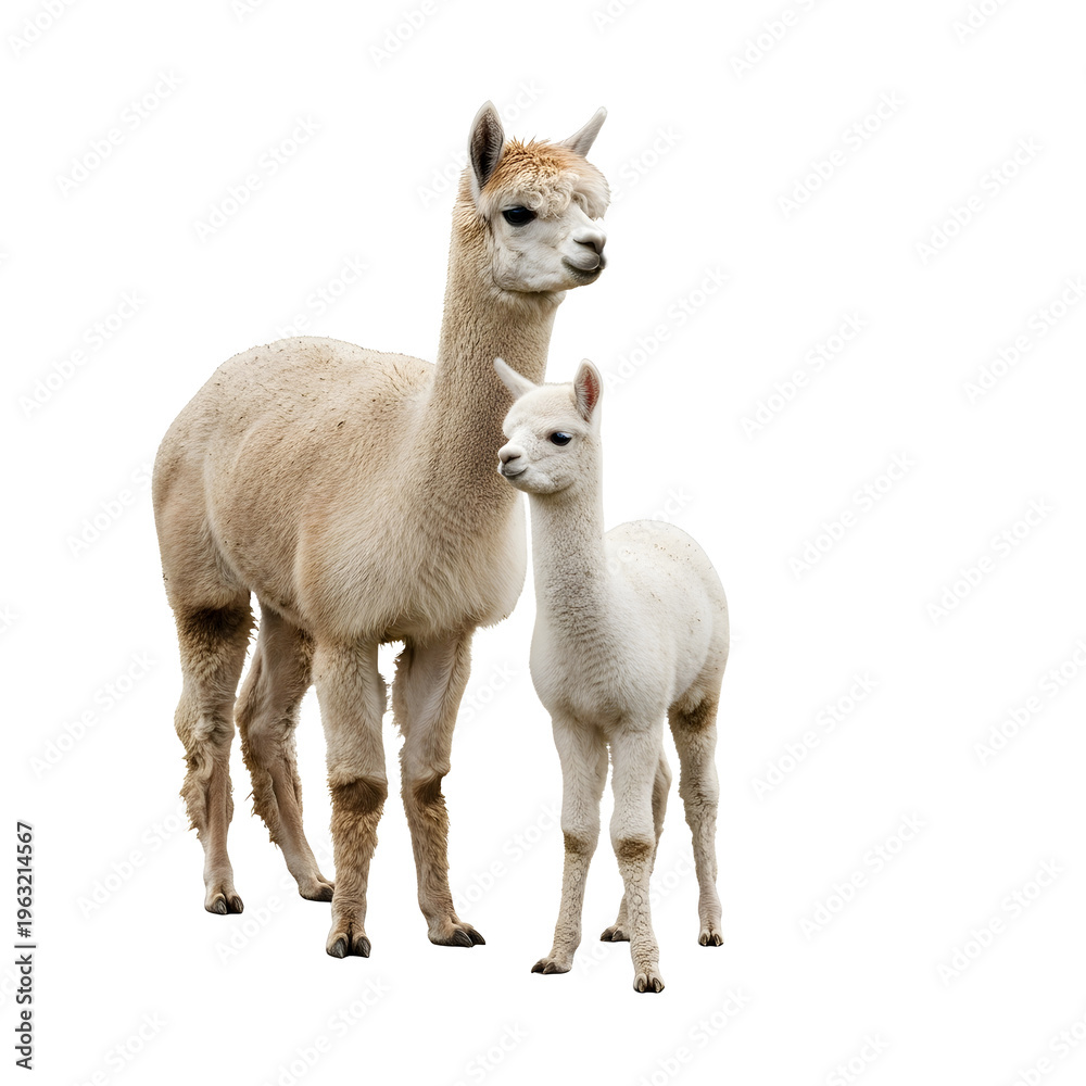 Obraz premium Alpaca mother and baby on white isolated on transparent background