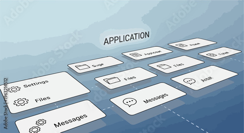 Cartoon-style illustration of an application user interface with various interactive elements