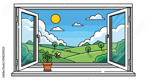 Cartoon-style illustration of an open window overlooking a sunny field