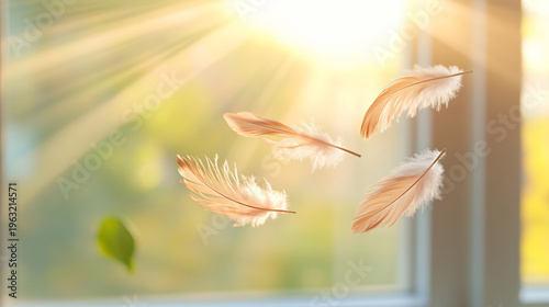 Delicate golden feather illuminated with soft light and sunset background. AI Generated.