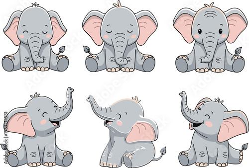 Cute baby elephant cartoon collection with sitting playful poses adorable safari animal illustration set