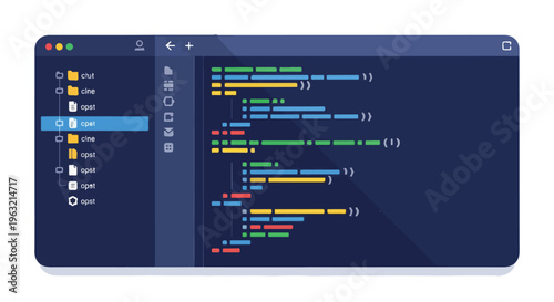Cartoon-style visual of a code editor with files and colored code