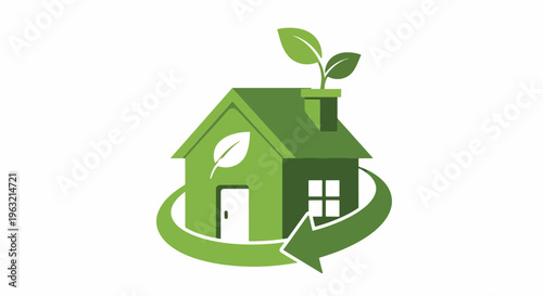 Green house with leaf growing from chimney eco friendly home