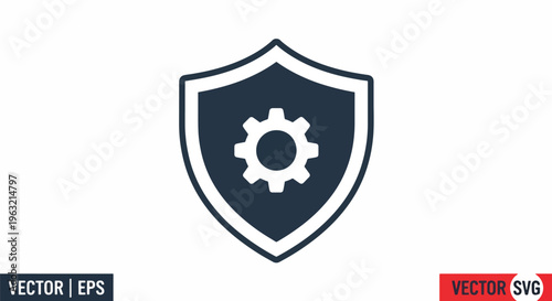 Security shield with gear icon on white background