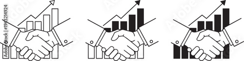 business handshake with growth chart icon set for financial partnership success and profit agreement concept