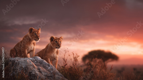 two lion cubs on rock at sunset in african savanna, baby lions in dramatic sunset light on savanna landscape, pair of young lions in golden evening light africa