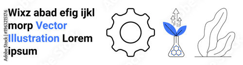 Business innovation, sustainable growth, eco-technology, development, teamwork, strategy. Gear icon, arrows with a plant organic shape. Innovation and sustainable growth concepts