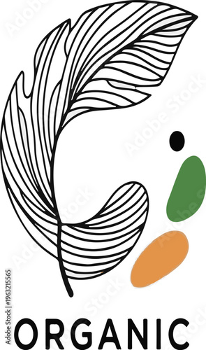 Organic leaf logo with line art feather, botanical emblem for natural skincare and wellness brands, minimalist green and orange aesthetic vector isolated PNG with Transparent Background
