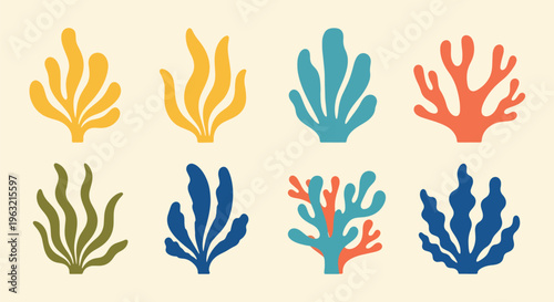 Vibrant coral reef elements in various colors on beige