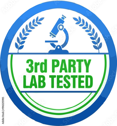 3rd Party Lab Tested seal with microscope icon, blue and green quality assurance badge, certified laboratory testing vector emblem isolated PNG with Transparent Background