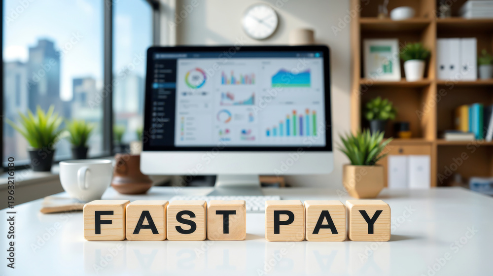 Fototapeta premium Fast pay solutions accelerate payroll disbursement and instant payment processing for marketplace payouts, contractor compensation and faster cash flow across global finance operations